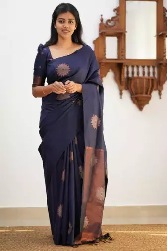 Navy blue silk blend saree with copper starburst motifs