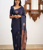 Navy blue silk blend saree with copper starburst motifs