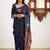 Navy blue silk blend saree with copper starburst motifs