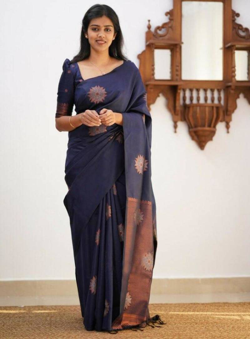 Navy blue silk blend saree with copper starburst motifs