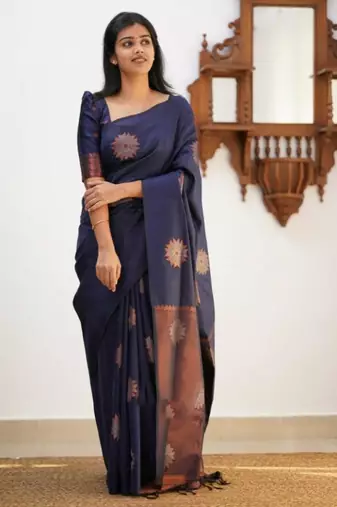 Navy blue silk blend saree with copper starburst motifs