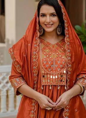 Orange Color Embroidery Thread With Real Mirror Hand Work Viscose Roman Silk Kurta Pent Set. 2