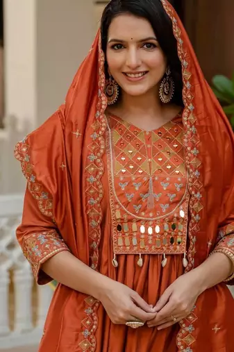 Orange Color Embroidery Thread With Real Mirror Hand Work Viscose Roman Silk Kurta Pent Set.