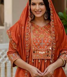 Orange Color Embroidery Thread With Real Mirror Hand Work Viscose Roman Silk Kurta pant Set.
