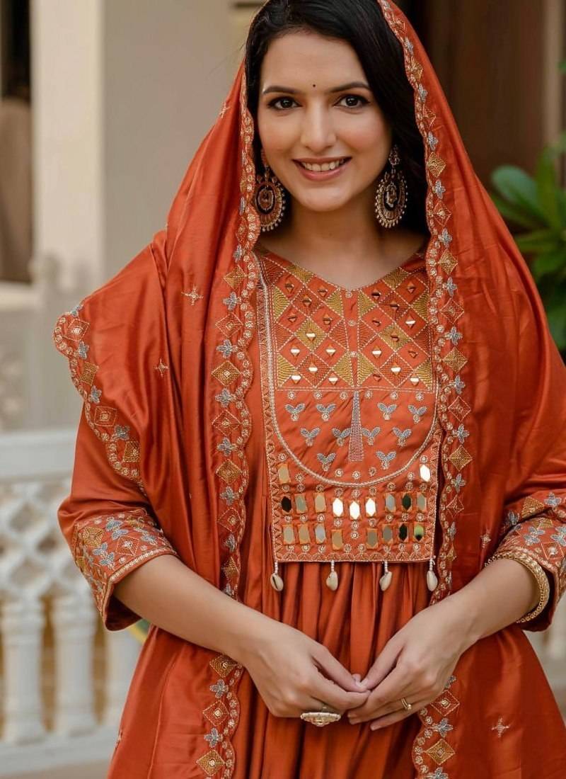 Orange Color Embroidery Thread With Real Mirror Hand Work Viscose Roman Silk Kurta pant Set.