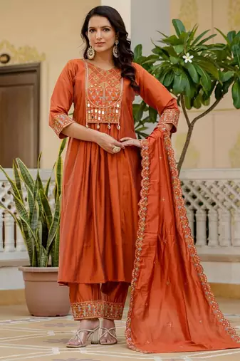 Orange Color Embroidery Thread With Real Mirror Hand Work Viscose Roman Silk Kurta Pent Set.
