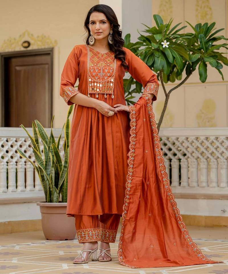 Orange Color Embroidery Thread With Real Mirror Hand Work Viscose Roman Silk Kurta pant Set.