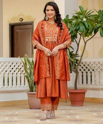 Orange Color Embroidery Thread With Real Mirror Hand Work Viscose Roman Silk Kurta Pent Set. 1