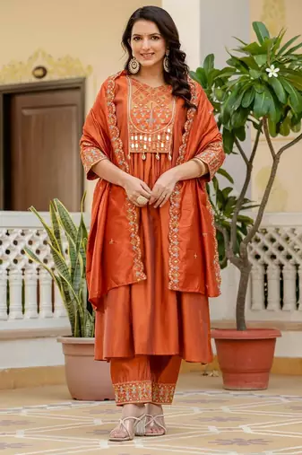 Orange Color Embroidery Thread With Real Mirror Hand Work Viscose Roman Silk Kurta pant Set.