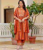 Orange Color Embroidery Thread With Real Mirror Hand Work Viscose Roman Silk Kurta pant Set.