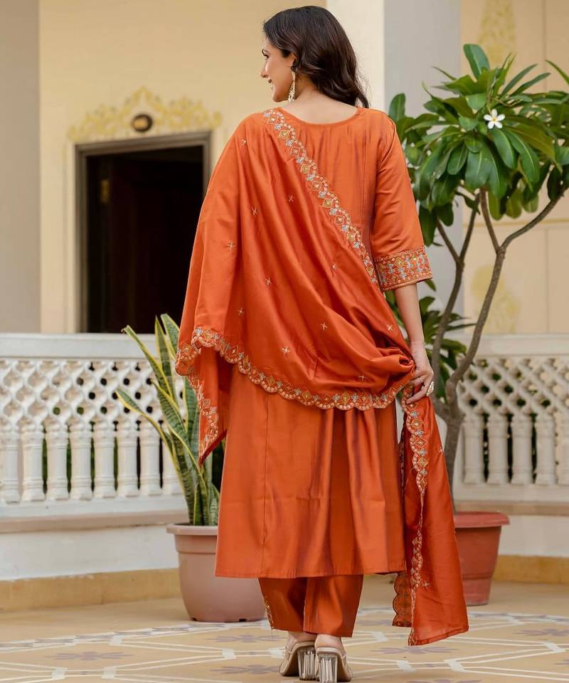 Orange Color Embroidery Thread With Real Mirror Hand Work Viscose Roman Silk Kurta pant Set.