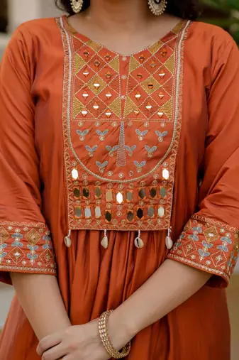 Orange Color Embroidery Thread With Real Mirror Hand Work Viscose Roman Silk Kurta Pent Set.