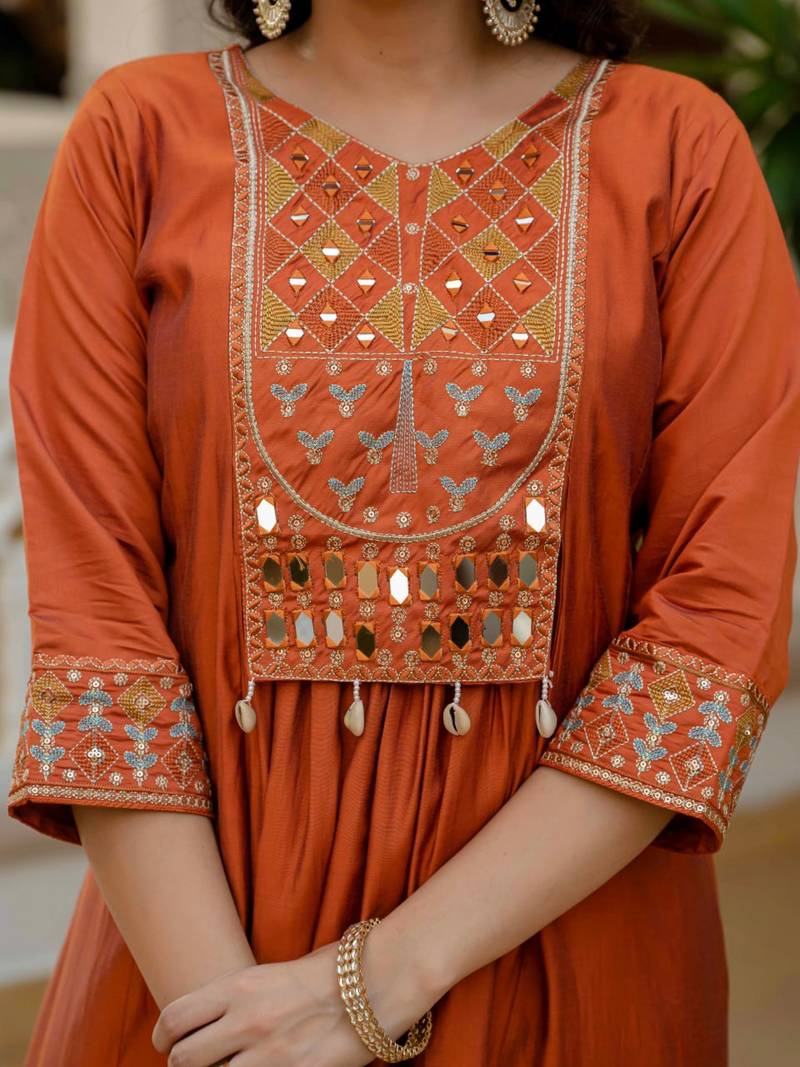 Orange Color Embroidery Thread With Real Mirror Hand Work Viscose Roman Silk Kurta pant Set.