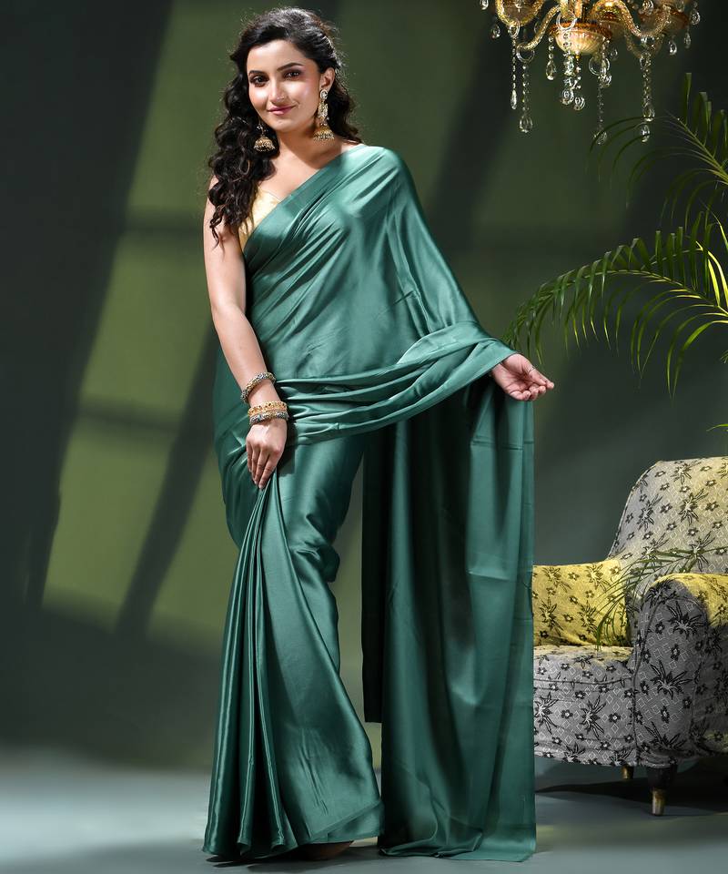 Soft satin silk saree one color solid design satin sari crepe farewell saree for women