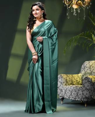 Soft satin silk saree one color solid design satin sari crepe farewell saree for women 2