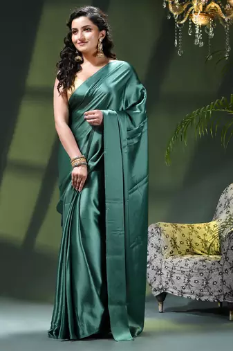 Soft satin silk saree one color solid design satin sari crepe farewell saree for women