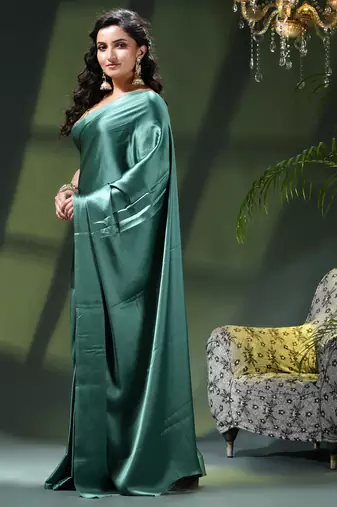 Soft satin silk saree one color solid design satin sari crepe farewell saree for women