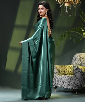 Soft satin silk saree one color solid design satin sari crepe farewell saree for women 4