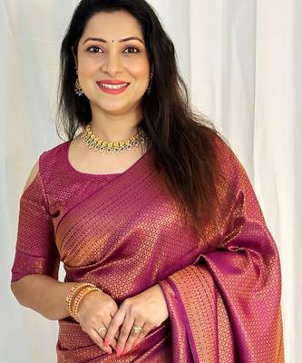 purple silk blend banarasi saree with unstitched blouse piece 1