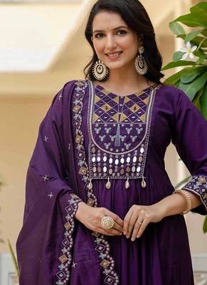 purple Color Embroidery Thread With Real Mirror Hand Work Viscose Roman Silk Kurta Pent Set. 2