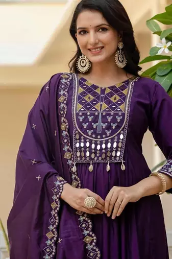 purple Color Embroidery Thread With Real Mirror Hand Work Viscose Roman Silk Kurta Pent Set.