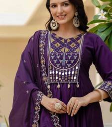purple Color Embroidery Thread With Real Mirror Hand Work Viscose Roman Silk Kurta pant Set.