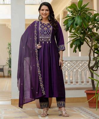 purple Color Embroidery Thread With Real Mirror Hand Work Viscose Roman Silk Kurta Pent Set. 1