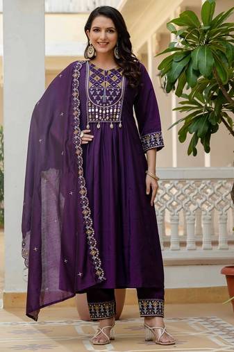 purple Color Embroidery Thread With Real Mirror Hand Work Viscose Roman Silk Kurta pant Set.
