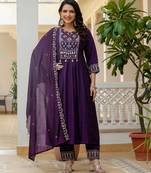 purple Color Embroidery Thread With Real Mirror Hand Work Viscose Roman Silk Kurta pant Set.