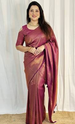 purple silk blend banarasi saree with unstitched blouse piece 2
