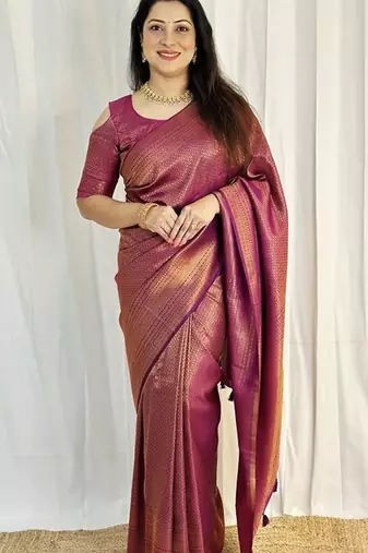 purple silk blend banarasi saree with unstitched blouse piece