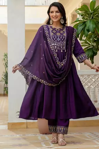 purple Color Embroidery Thread With Real Mirror Hand Work Viscose Roman Silk Kurta Pent Set.