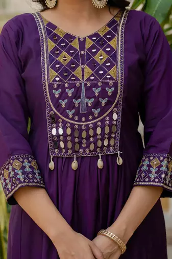 purple Color Embroidery Thread With Real Mirror Hand Work Viscose Roman Silk Kurta Pent Set.