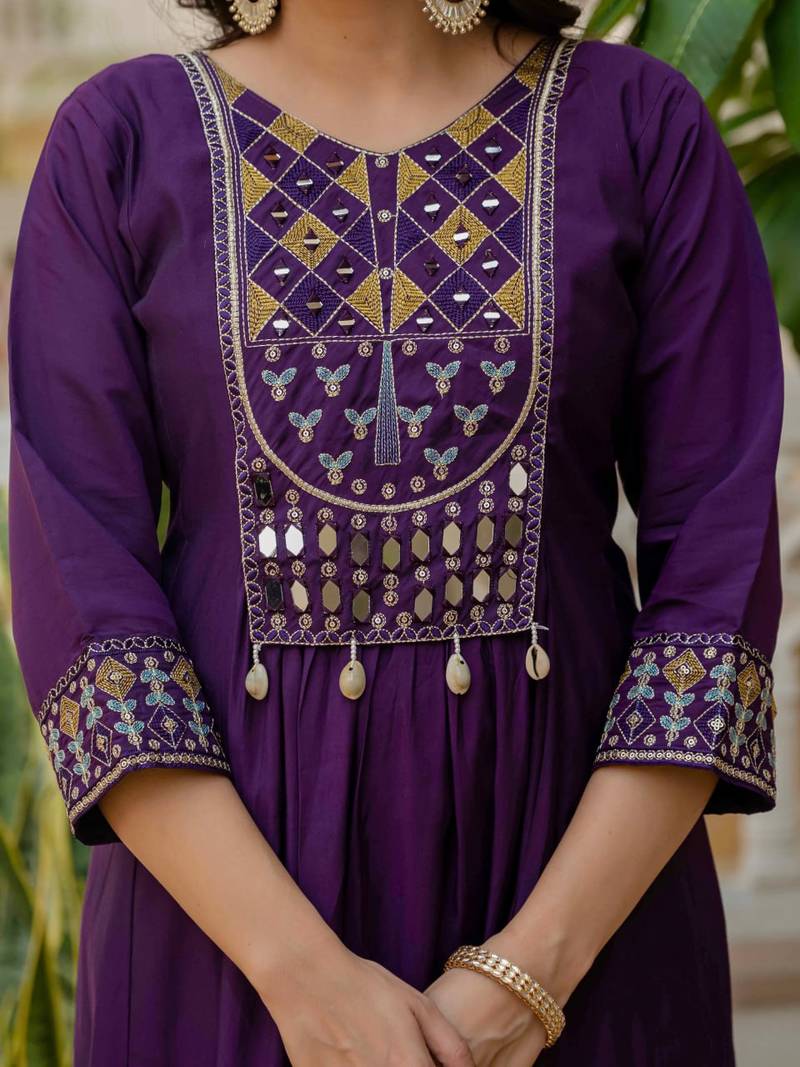 purple Color Embroidery Thread With Real Mirror Hand Work Viscose Roman Silk Kurta pant Set.