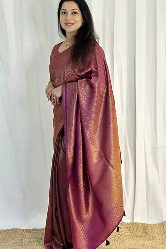 purple silk blend banarasi saree with unstitched blouse piece