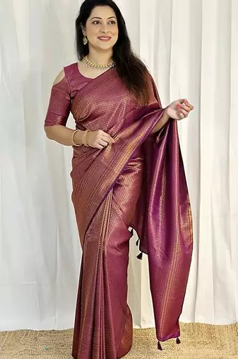 purple silk blend banarasi saree with unstitched blouse piece