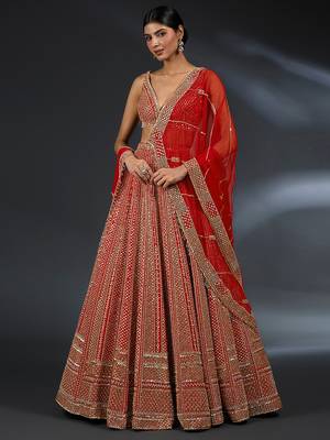 Red Satin Embroidery With Sequence Work Lehenga Choli For Women 1