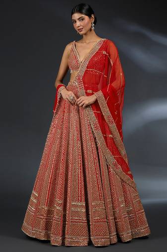 Red Satin Embroidery With Sequence Work Lehenga Choli For Women