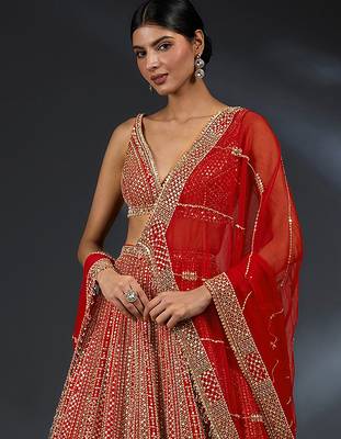 Red Satin Embroidery With Sequence Work Lehenga Choli For Women 3