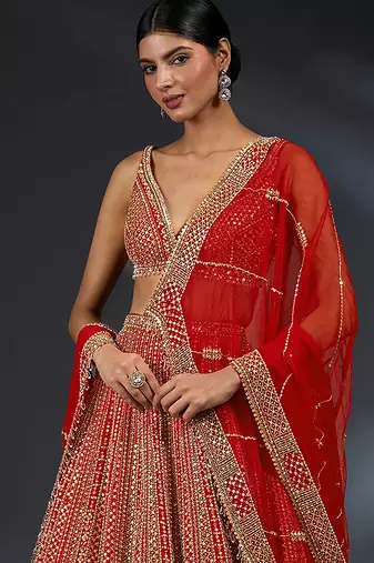 Red Satin Embroidery With Sequence Work Lehenga Choli For Women