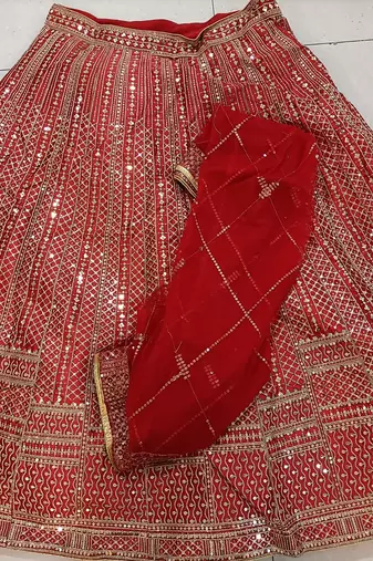 Red Satin Embroidery With Sequence Work Lehenga Choli For Women