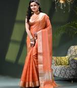 Tissue silk stripped orange festive saree