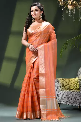 Tissue silk stripped orange festive saree