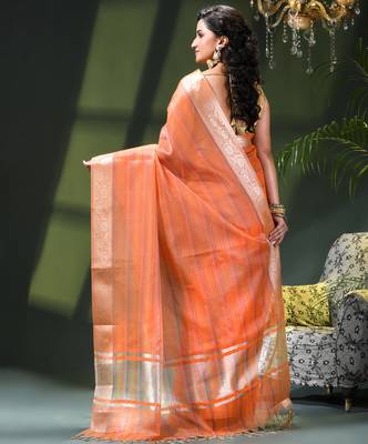 Tissue silk stripped orange festive saree 3