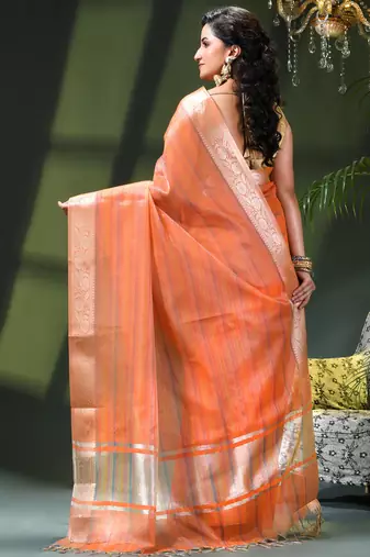 Tissue silk stripped orange festive saree