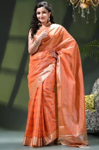 Tissue silk stripped orange festive saree