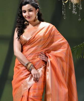 Tissue silk stripped orange festive saree 5