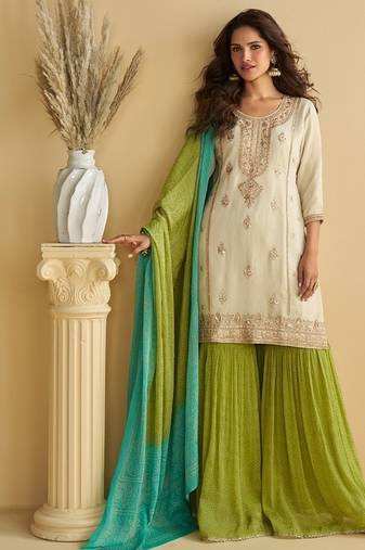 Women's off white chinon silk zari embroidered sequins sharara suit