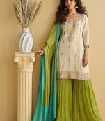 Women's off white chinon silk zari embroidered sequins sharara suit