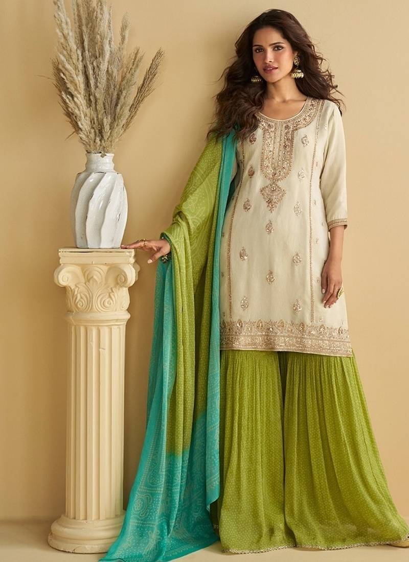Women's off white chinon silk zari embroidered sequins sharara suit